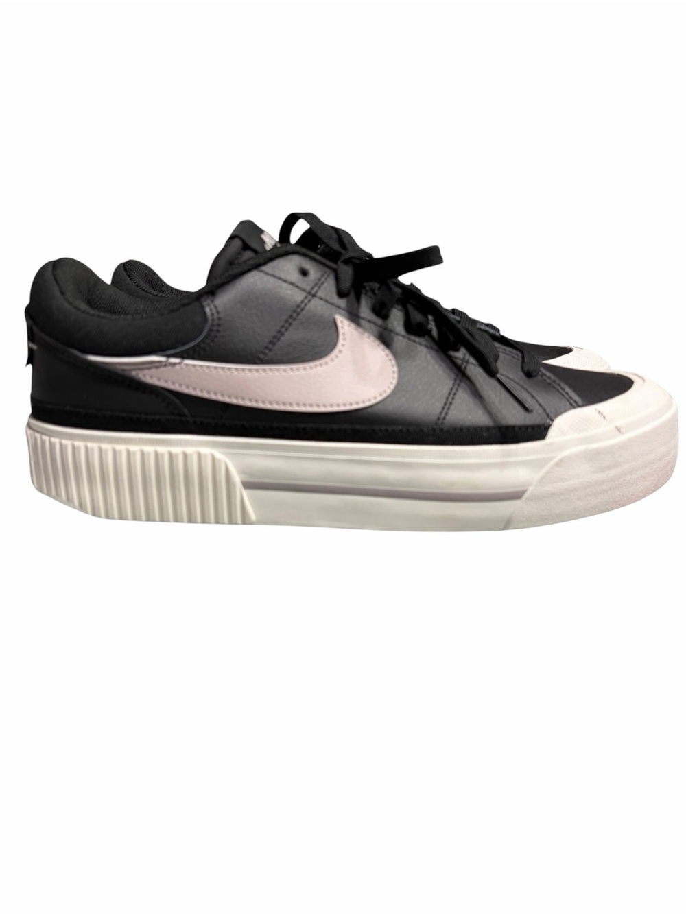 Nike Black Low-Top Sneaker with Light Pink Swoosh and Cream Platform Sole